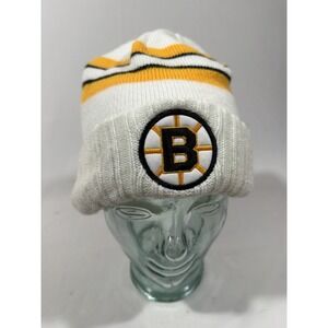 Vintage Boston Bruins Beanie White Stripe‎ NHL Hockey Streetwear Knit Cap